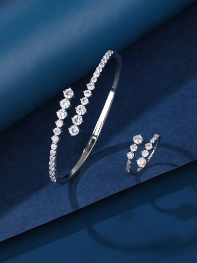 2pcs/Set Adjustable Bracelet & Ring Jewelry Set, With Large Dazzling Zirconia Stone, Elegant And Fashionable Design, Suitable As A Gift For Women To Wear In Daily Life And Holidays.