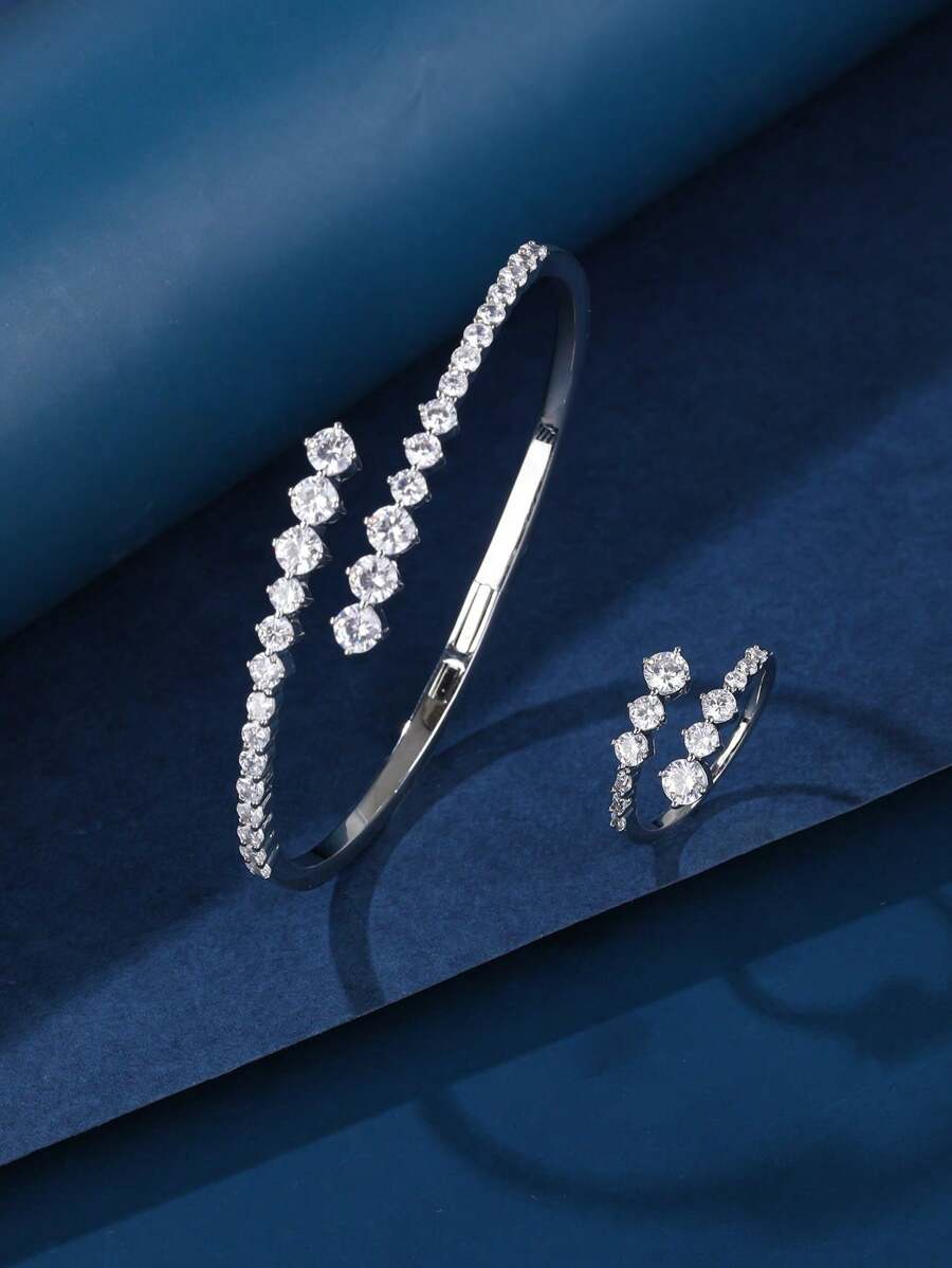 Bộ trang sức vòng tay & nhẫn 2 cái/bộ có thể điều chỉnh, đính đá Zirconia lớn rực rỡ, thiết kế trang nhã và thời trang, thích hợp làm quà tặng cho phụ nữ đeo trong cuộc sống hàng ngày và ngày lễ. - Bạc - Xem 1