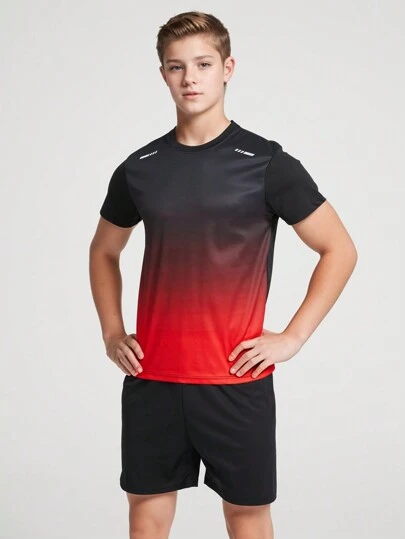 2st/set Teen Boy Sports Dräkt Kortärmad T-shirt & Gradient Mesh Tyg Lättvikts Shorts Outfit, för löpning, basket och fotboll