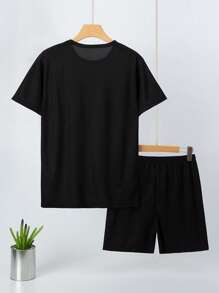 2 件套青少年男孩运动套装，渐变网眼短袖 T 恤 + 短裤套装，适合夏季，适合篮球、足球、跑步