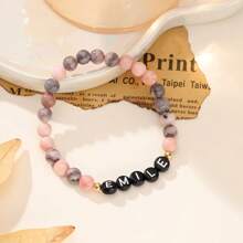 1 pieza Pulsera de piedra natural personalizada con nombre - Pulsera de cuentas con dije personalizado con texto, múltiples opciones de cuentas, mejor regalo de cumpleaños u ocasión especial para familia y amigos