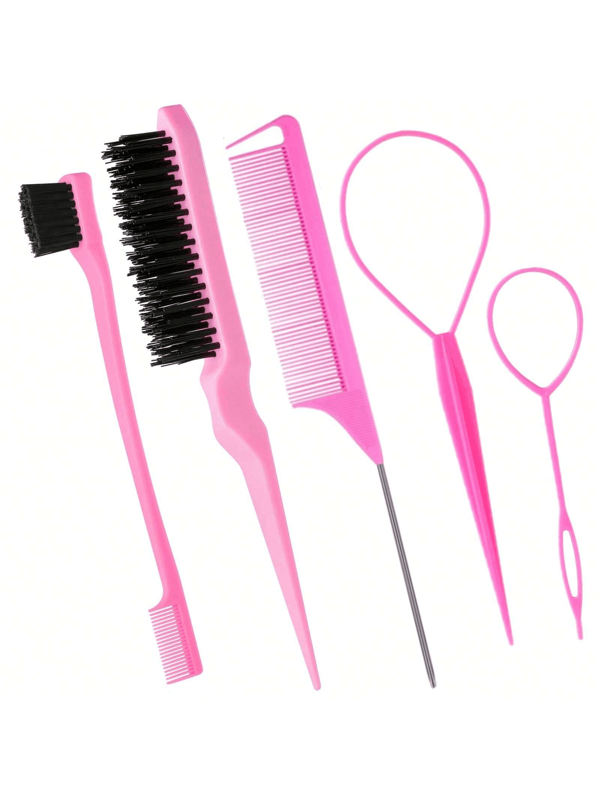 Set de 5 piezas de herramientas para peinado y maquillaje, que incluye peine con punta de ratón, cepillo doble, cepillo para cejas, trenzado fácil para uso doméstico y de salón de belleza, accesorios en color rosa