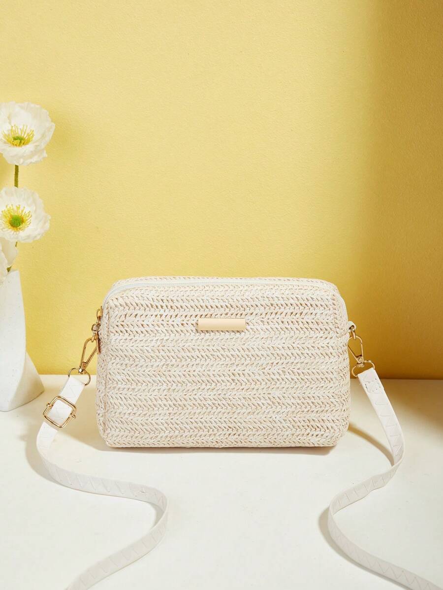 通勤风格编织迷你方包，可单肩或斜挎，休闲女士街头装，夏季度假必备小包，可装手机、口红、钱包、派对和聚会（手工编织，可能与图片略有不同） - 米色 - 查看 1