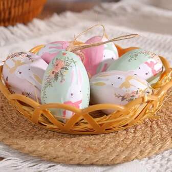 6 Stücke/Packung klassische Ostereier Ornamente, dekorative hängende Plastik Eier mit Leinenband, Schaumstoff gefertigt, ideale Ostergeschenk Dekoration