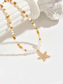 1 件手工仿珍珠金海星吊坠项链，女士海洋风格珠宝适合休闲和度假 - 仿珍珠+海星 - 查看 4
