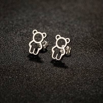 1 Cặp Đinh tán hình gấu bằng thép không gỉ, Hoa tai thời trang dành cho nữ, Thiết kế động vật dễ thương Trang sức dành cho bé gái phong cách cổ điển Quà tặng trang sức thời trang độc đáo