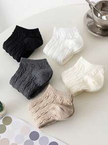 5 Pairs Women's Solid Color Simple Cable Knit Athletic Style Breathable Ankle Socks
