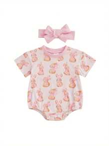 Baby Girls Easter Rabbit  Eggs Print Romper - Soft Cotton Outfit With Headband For Spring - Pink - View 1