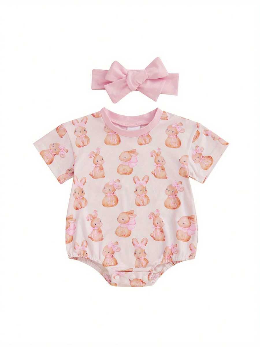 Baby Girls Easter Rabbit  Eggs Print Romper - Soft Cotton Outfit With Headband For Spring - Pink - View 1