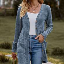 Women's Long Sleeve Open Front Knit Ribbed Cardigan Sweater With Pockets 2025 Winter Lightweight Cardigans Outerwear - Màu xanh nhạt - Xem 3