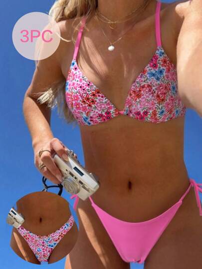 3pcs Women's Ditsy Floral Triangle Bikini Set - 1 Swimwear Top, 2 Swim Bottoms, For Summer Beach Vacation