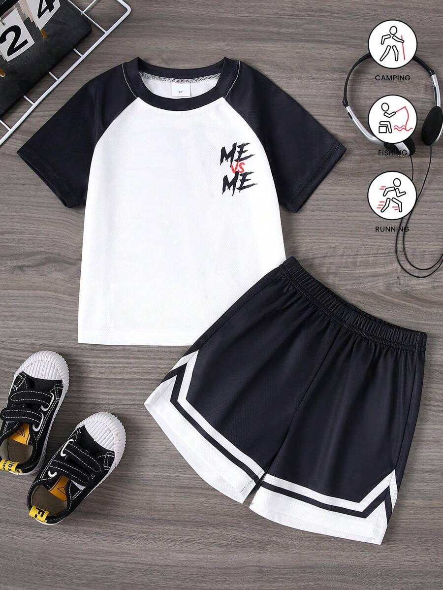 2 件套青少年男童 VS 印花篮球运动 T 恤 + 运动短裤套装，夏季