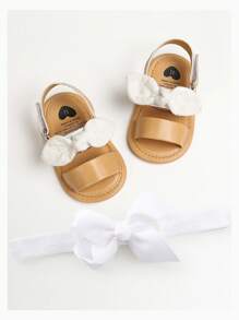 2 pièces Serre-tête vêtements de tête, sandales souples pour bébés filles, chaussures plates pour robe de mariée d'été pour nourrissons, sandales de plage, chaussures de berceau pour nouveau-nés, premiers marcheurs