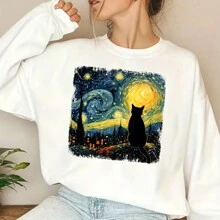 1pc/ 2pcs/3pcs Starry Night Cat Heat Transfer Printing Patch, Mixed Color Vinyl Animal Printing Patch, Suitable For DIY Fashion, Perfect Gift For Cat Enthusiasts, Compatible With Shirts, Jeans, Bags, Cat Clothes