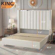Velvet Upholstered Bed Frame With 58" Tall Channel Tufted Wingback Headboard And Plating Trim – Platform Design, No Box Spring Required - Cream - View 3