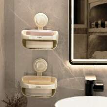 1pc Suction Cup Double Decker Soap Dish, Wall Mounted Drainage Soap Holder Bathroom Shelf No-Drill