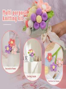 1 Set Crochet Flower Bouquet Craft Kit For Beginners, Handmade Rose Flower Yarn Arts & Crafts, DIY Knitting Materials Pack With Basic Accessories And Instructions, Holiday Gift