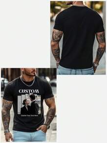 Camiseta personalizada con texto/foto impresa para hombres, suba su foto/pareja/amigo/familia/mascota, camiseta de manga corta negra para primavera/verano, regalo para fiestas, aniversario, uniforme de equipo, atuendo de festival de música, regalo para él, camiseta casual de cuello redondo para hombres, atuendo para fiesta, regalo para el Día de San Valentín, camiseta de manga corta negra, ropa casual de hombre, manga corta de primavera/verano