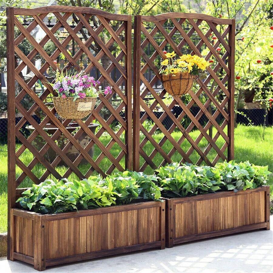 Rustic Wooden Raised Garden Bed Vegetable Planter Grid Box With Climbing Trellis - 1 - Xem 1