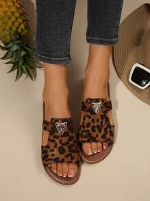 Women's Strap Flat Slippers With Animal Print Decor, Lightweight, Comfortable, Casual, Beach Vacation Style Sandals, Summer