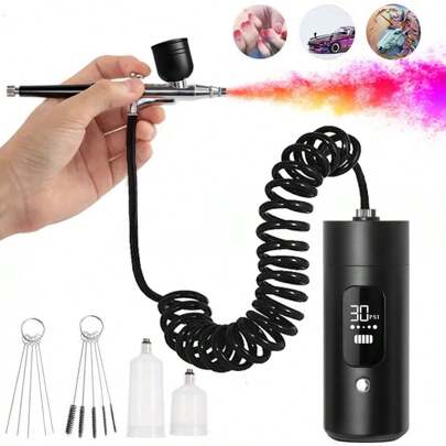 USB Rechargeable Handheld Airbrush Gun Kit With Digital Display - 0.3mm Nozzle, Portable Compressor, For Painting, Tattoo, Nail Art, Hair Salon And DIY Crafts, Multi-Function Air Compressor|Ergonomic Handle|Transparent Canister