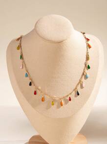 imoli 1pc Bohemian Style Copper Chain Colorful Crystal Rhinestone Heart & Y-Shaped Tassel Pendant Necklace For Women, Party Gift (Handmade Chain Cut To Size, Varying Crystal Quantity & Random Color Combination, Model Image For Reference Only)