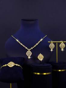 4 件 18K 镀金奢华中东风格皇家新娘婚礼珠宝套装，手工制作，采用绿色蛋形宝石，包括项链、手链、耳环、戒指，适合结婚周年纪念礼物、宰牲节佩戴 - 金色 - 查看 8