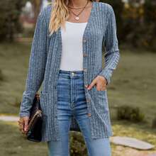 Women's Long Sleeve Open Front Knit Ribbed Cardigan Sweater With Pockets 2025 Winter Lightweight Cardigans Outerwear - Màu xanh nhạt - Xem 2