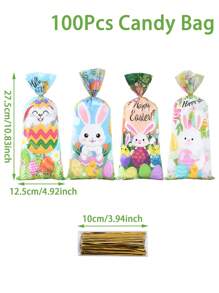 25/50/100pcs Easter Bunny Gift Bags With Gold Zipper Ties, Rabbit, Easter Eggs, Flowers, Carrots Pattern Easter Plastic Packaging Bags, 4 Different Designs Easter Gift Bags, Suitable For Easter Themed Party Favors, DIY Packaging Supplies, Party Gifts Packaging, Easter Bunny Cellophane Gift Wrap - Mixed Easter - View 6