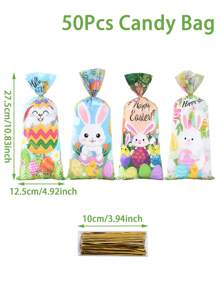25/50/100pcs Easter Bunny Gift Bags With Gold Zipper Ties, Rabbit, Easter Eggs, Flowers, Carrots Pattern Easter Plastic Packaging Bags, 4 Different Designs Easter Gift Bags, Suitable For Easter Themed Party Favors, DIY Packaging Supplies, Party Gifts Packaging, Easter Bunny Cellophane Gift Wrap - Mixed Easter - View 5