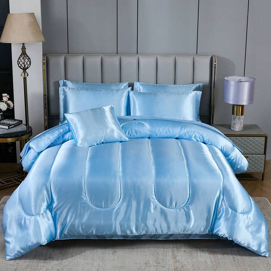 Satin Bed In A Bag 8 Pieces King/Queen Size Silk Like Baby Blue Comforter Set Luxury Silky Bedding Set Soft Lightweight Comforter Set Cooling Sheet Set - Màu xanh nhạt - Xem 1