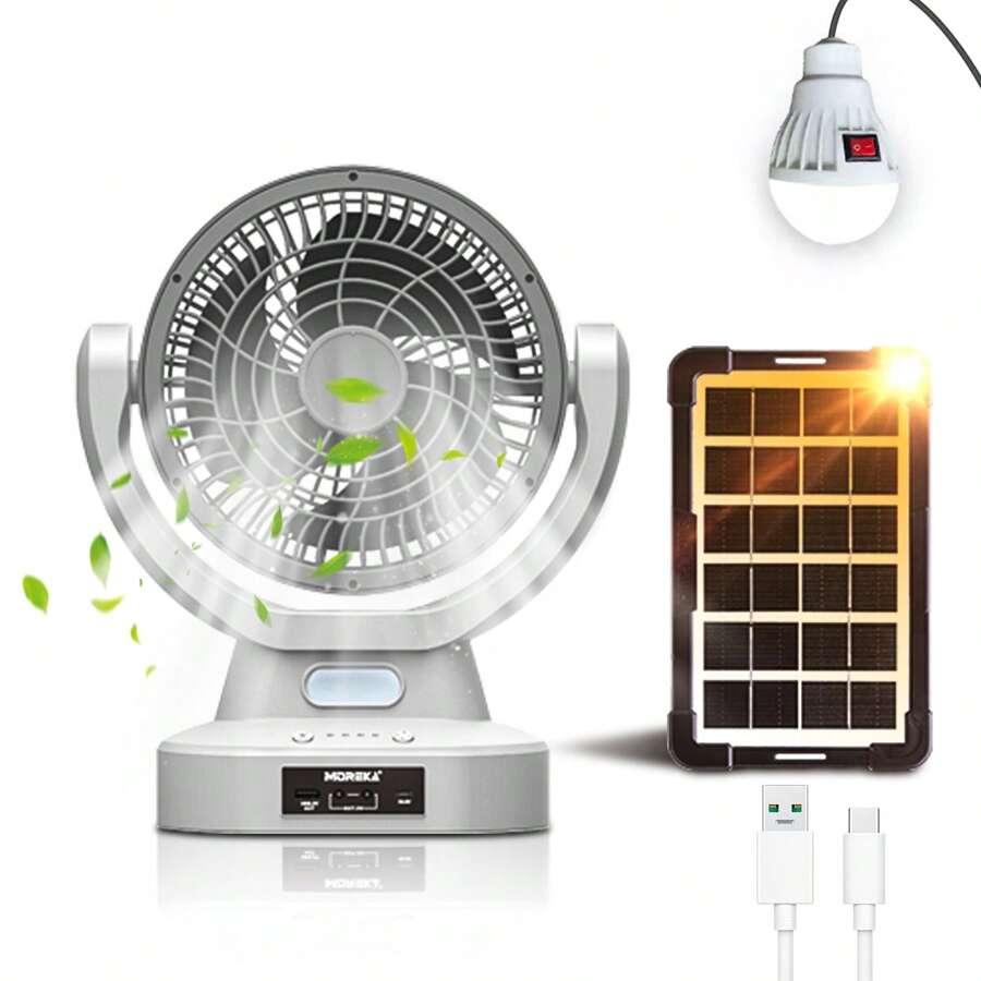 Rechargeable Solar Fan With Noise Reduction, Three-Speed Wind Speed Adjustment, Long Battery Life, With Solar Panel, Bulb Lighting Function, Solar Panel Charging, Mobile Phone Charging, Support AC And  Charging