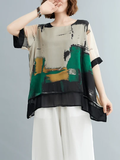 YUXIN Abstract Print Round Neck Blouse - Casual Short Sleeve Asymmetric Hem Top - Women's Fashion - Perfect Choice For Casual Outings And Parties Summer