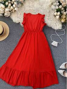 Plus Size Summer Holiday V-Neck Ruffled Sleeveless Dress, Beach Wear - Red - View 2