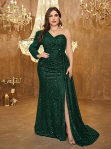 UNITHORSE Plus Size Asymmetrical Neck Princess Sleeve High Slit Ruched Maxi Party Sequins Dress, Wedding Guest Dress, Formal Dress, Evening Dress - Dark Green - View 5