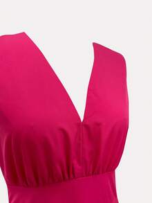 女士无袖深 V 领收腰 A 字裙，休闲舒适户外夏季长裙 - 玫紅色 - 查看 5