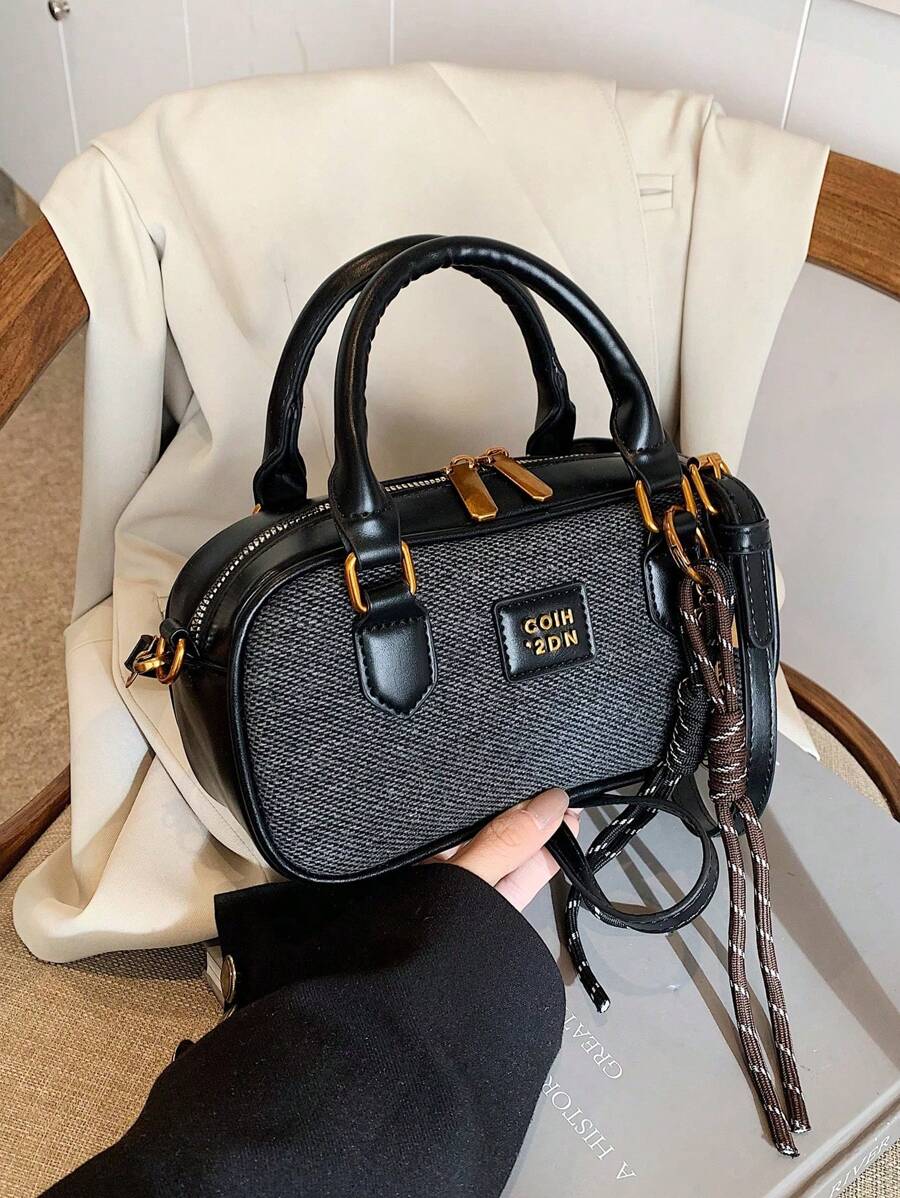 New Soft Leather Boston Tote Bag With Plush Doll Charm, Spacious Shoulder Bag, Suitable For Commuting In All Seasons - Black - View 1