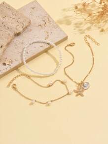 3pcs/Set White Pearl Tassel Sea Star Shell Pendant Anklet Gold Color Multilayer Women Foot Jewelry, Suitable For Daily Wear And Vacation - Multicolor - View 3