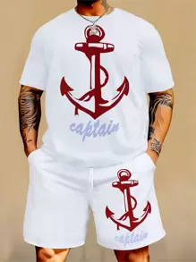 2pcs/Set Plus Size Men's Casual Anchor Print T-Shirt Suit, Suitable For All Seasons - White - View 1
