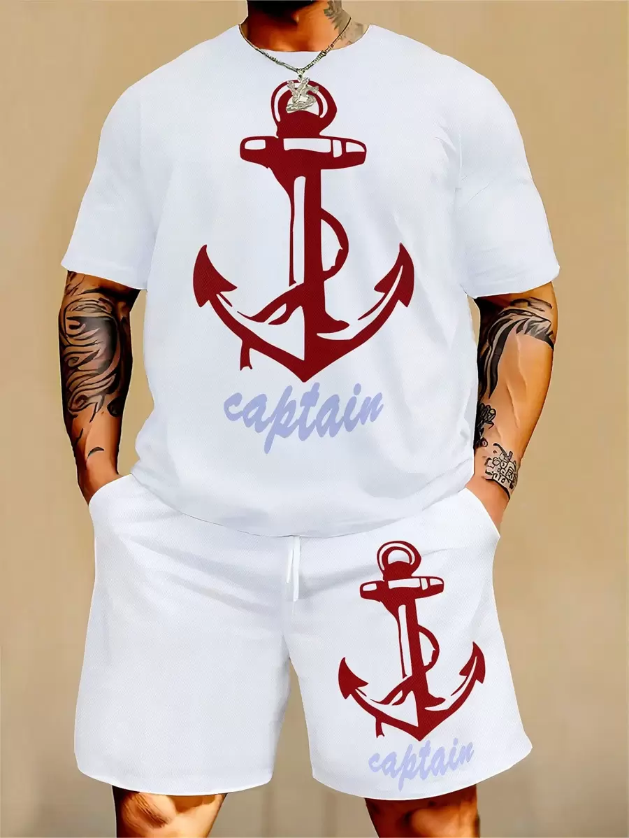 2pcs/Set Plus Size Men's Casual Anchor Print T-Shirt Suit, Suitable For All Seasons - White - View 1