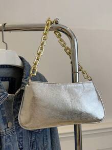 1pc Pu Zipper Closure Fashionable Thick Chain Handbag, Ins Korean Exquisite Large Capacity Chain Shoulder Underarm Bag, Comfortable Shoulder Strap, Smooth And Versatile, Suitable For Daily Outings, Play, Use As A Perfect Gift For Girls