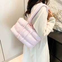 Women Puffer Tote Bag Fashion Striped Print Bow Shoulder Bag Handbag For Travel Daily Shopping - Hồng - Xem 5