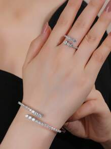 Bộ trang sức vòng tay & nhẫn 2 cái/bộ có thể điều chỉnh, đính đá Zirconia lớn rực rỡ, thiết kế trang nhã và thời trang, thích hợp làm quà tặng cho phụ nữ đeo trong cuộc sống hàng ngày và ngày lễ. - Bạc - Xem 8