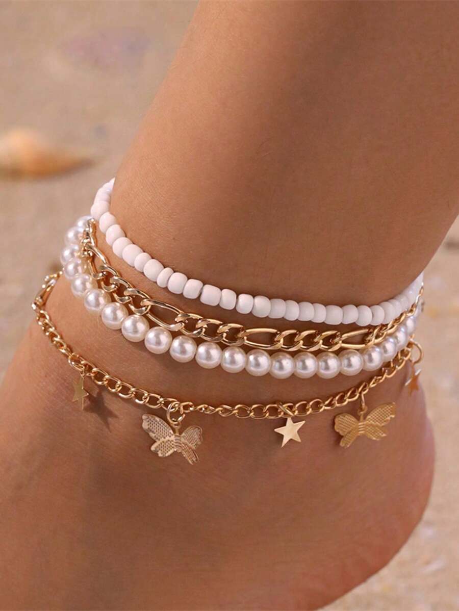 4pcs/Set Beach Style Star & Butterfly Faux Pearl Beaded Anklet Accessories For Girls