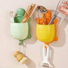 1pc Cute Yellow, Green And Grey Turtle Shaped Wall Mount Storage Box - Plastic, No Drilling Self-Adhesive Storage Box For Remote Controls And Accessories, Practical Hooks