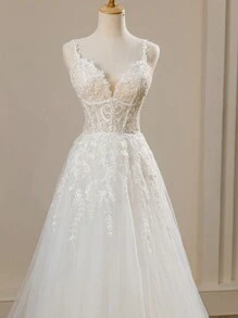 Lace Embroidery V-Neck Fishtail Backless Wedding Dress - White - View 5