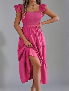 New Summer Square Neck Rose Red Dress Tiered Smocked Backless Sleeveless Pure Color Midi Slip Beach Cover Up Resort Ready Womens Vacation Sundress - 玫紅色 - 查看 4