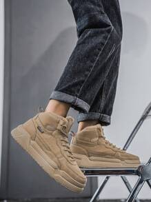 (Runs Small) Fashionable Retro Khaki Letter Decor Couple Shoes, Lightweight Versatile Comfortable High-Top Casual Sneakers, Unisex Outdoor Sports Shoes