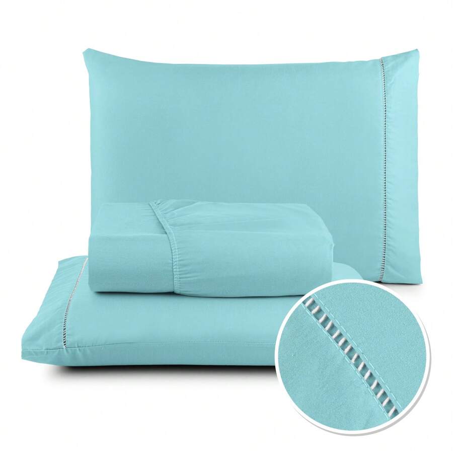 QUEEN 3-Piece Sheet Set With Stick Stitch Finish 100% Polyester MicroPercal - 深薄荷綠 - 查看 1
