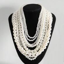 1 Pc Vintage Glamorous Multi-Layer Faux Pearl Necklace, Suitable For Women Evening Party, Wedding Or Gift